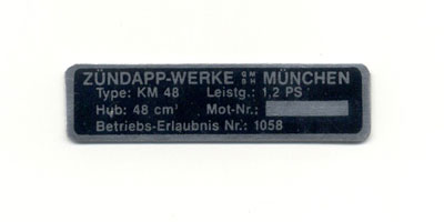 Zündapp: Typschild Zündapp Motor KM 48 